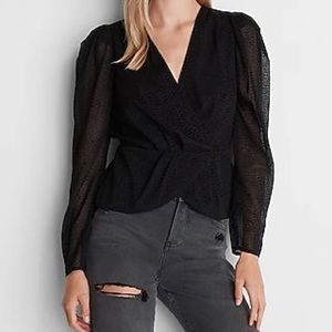 JACQUARD DOT FAUX WRAP FRONT PEPLUM TOP